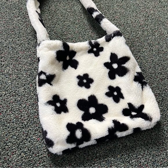Fuzzy Furry Soft Black & White Floral Cow Print Medium Casual Shoulder Tote Bag - Picture 12 of 16